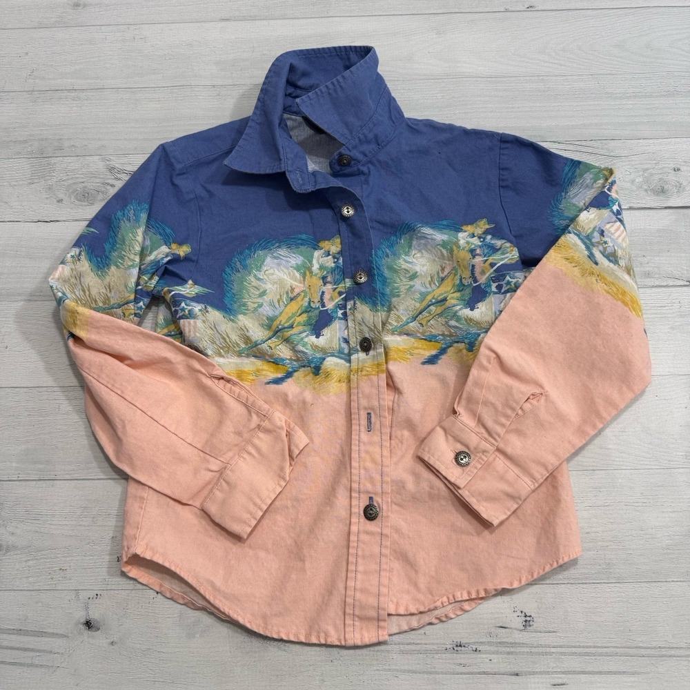 Vintage roper pink blue cowgirl horse button up shirt girls‎ XS 7